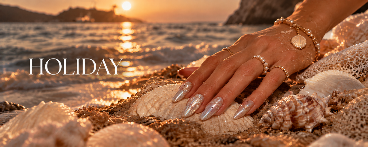 Holiday press-on nails – pearl nails on seashells at sunset – Briluxe