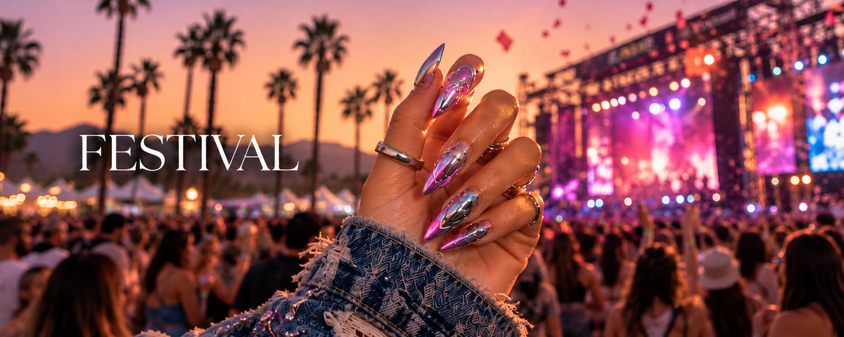Festival press-on nails – chrome stiletto nails at a music festival – Briluxe