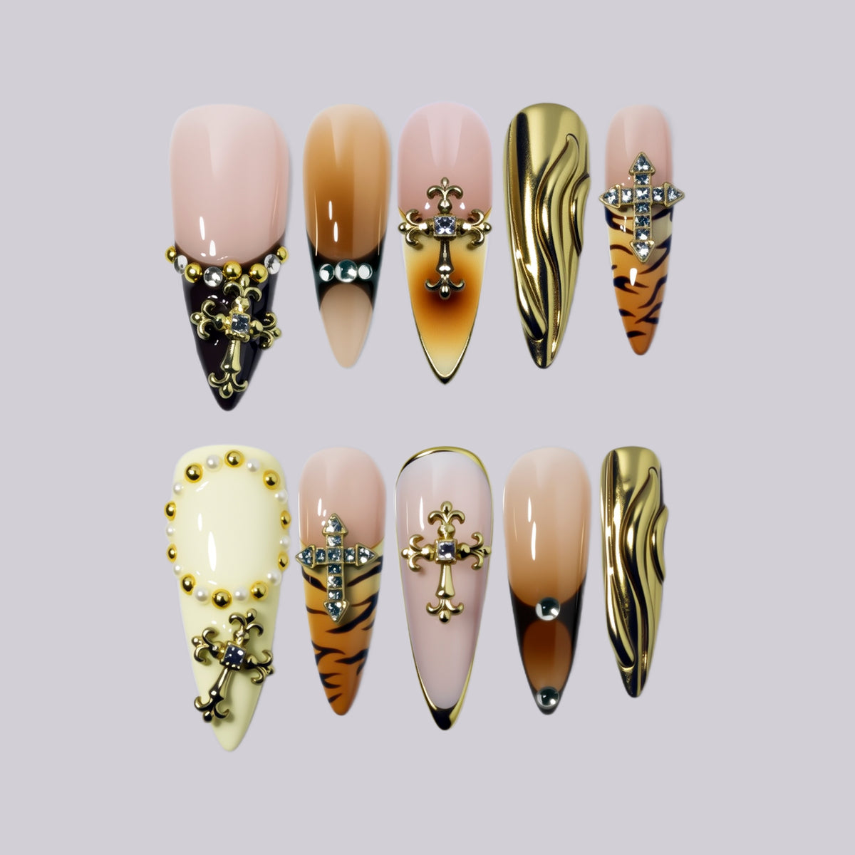 Royal Anarchy long stiletto press-on nails, gold chrome with jeweled crosses – Briluxe