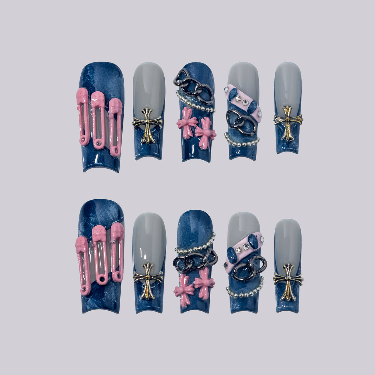 Denim Cross Club long square press-on nails, denim blue with 3D crosses and chains – Briluxe