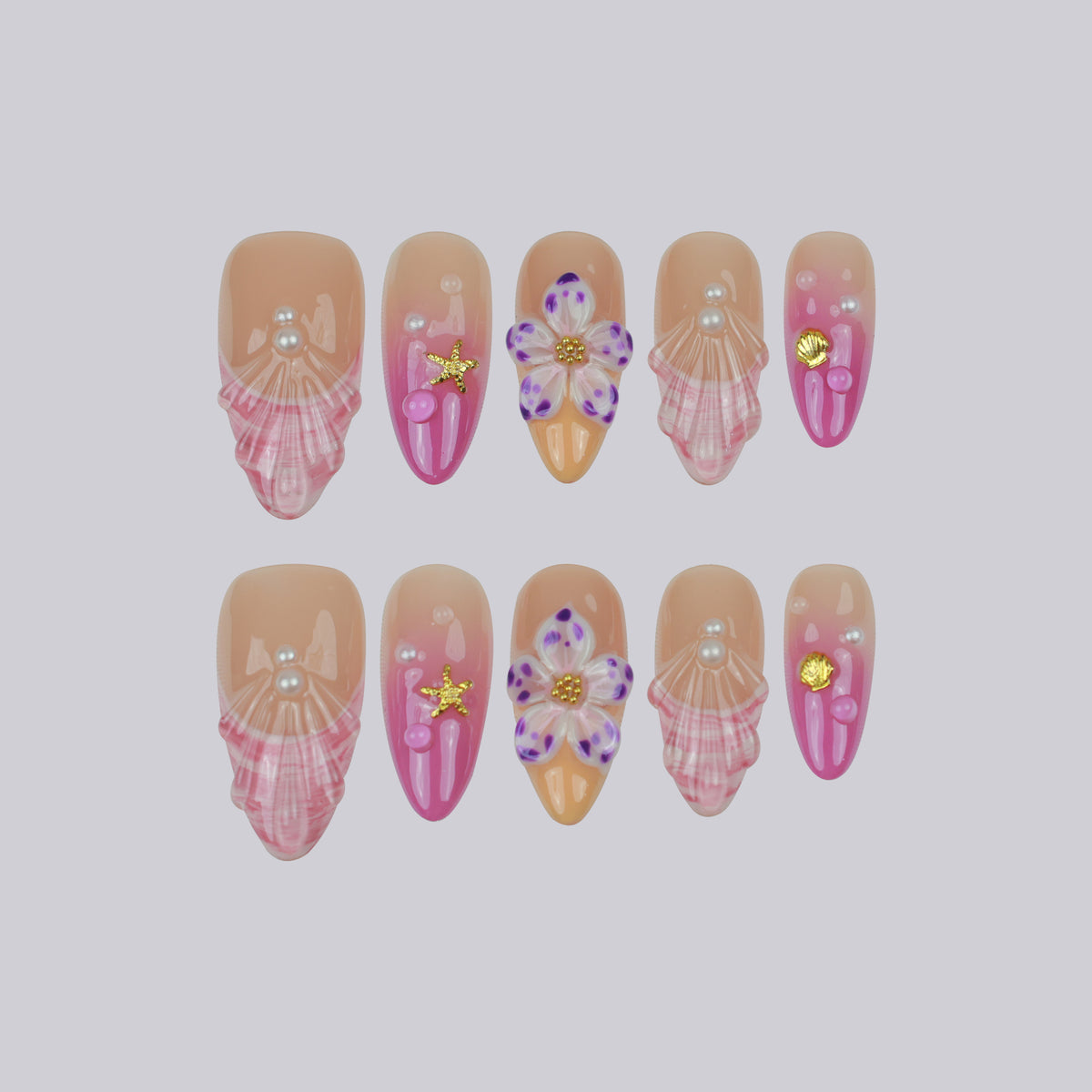 Malibu Seashell medium almond press-on nails, pink shell texture with pearls – Briluxe