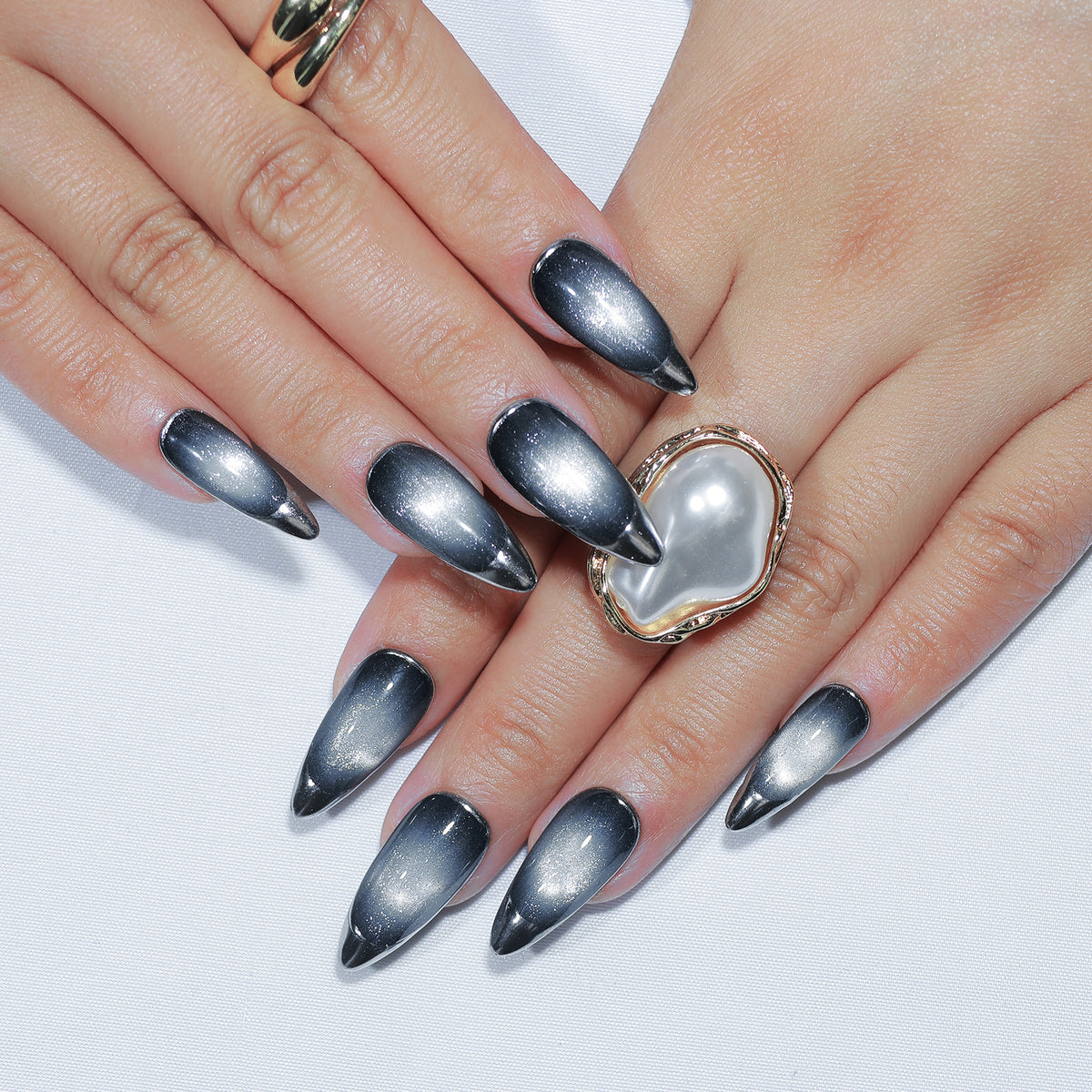Nebula Noir medium stiletto press-on nails, black and silver chrome – Briluxe (view 3)
