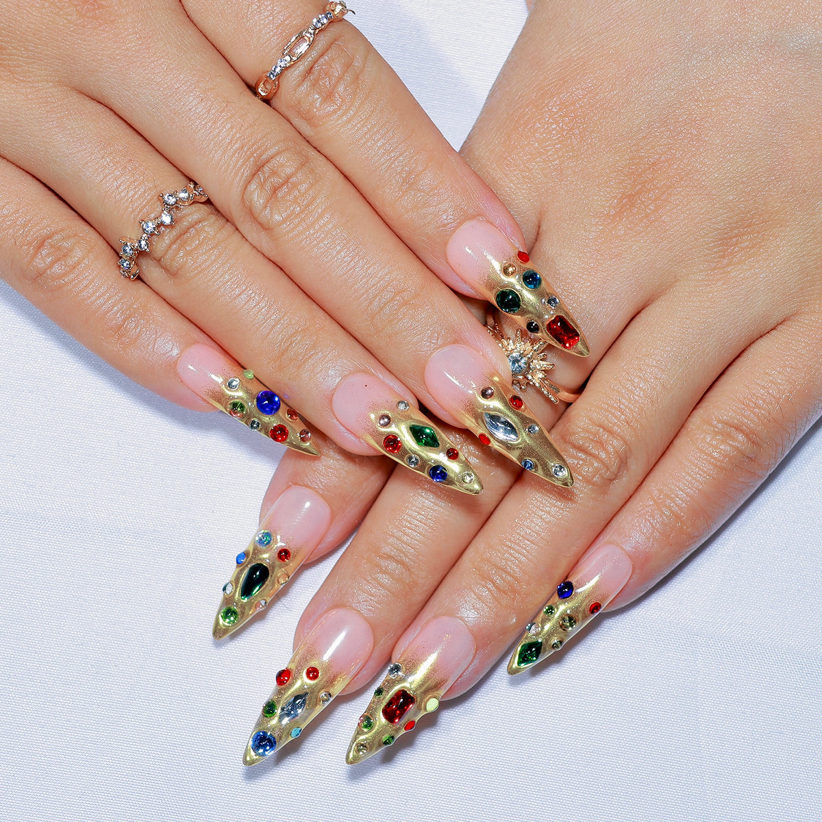 Gilded Chaos long stiletto press-on nails, gold with multicolour gemstones – Briluxe (view 3)