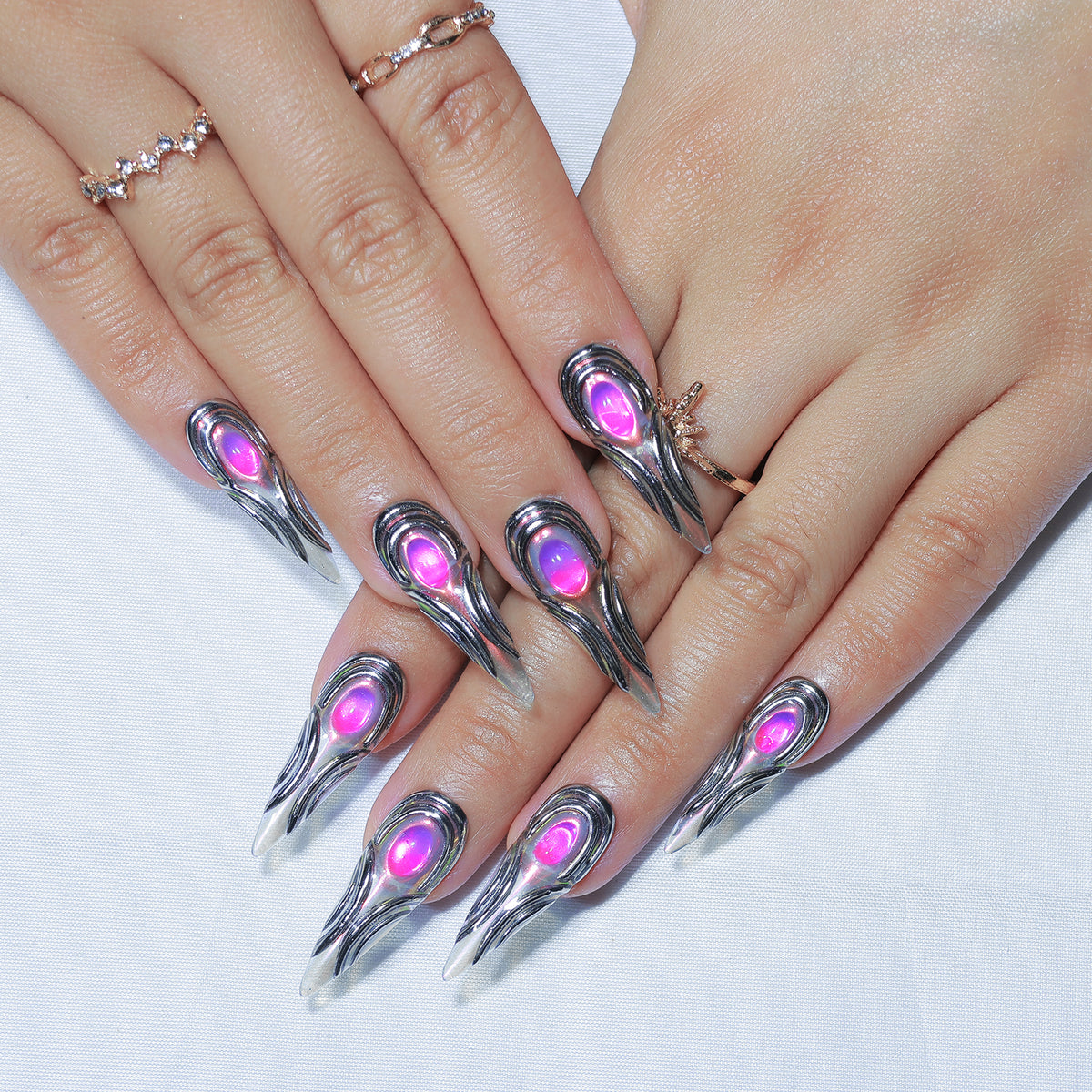 Neon Core Drip long stiletto press-on nails, 3D chrome with neon gem – Briluxe (view 3)