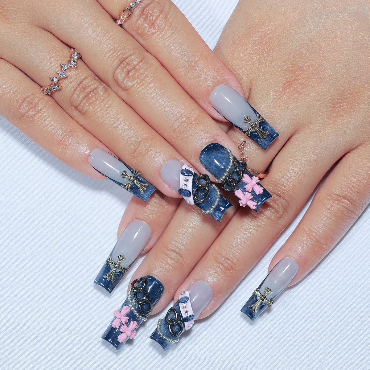 Denim Cross Club long square press-on nails, denim blue with 3D crosses and chains – Briluxe (view 2)