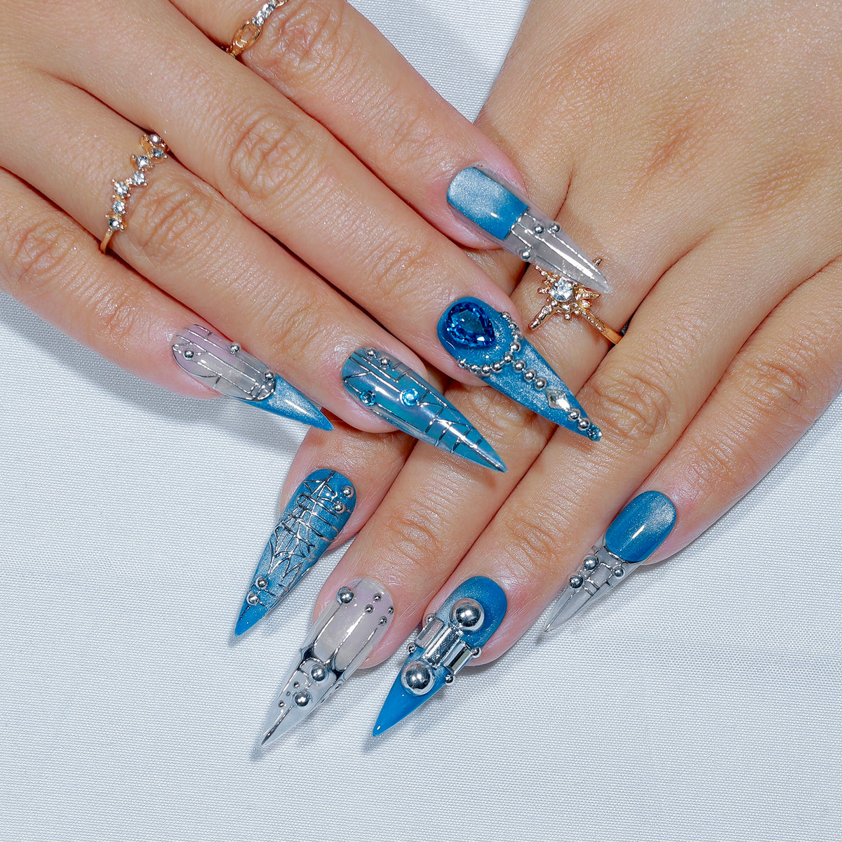 Cyber Siren long stiletto press-on nails, blue-silver chrome with 3D gem – Briluxe (view 2)