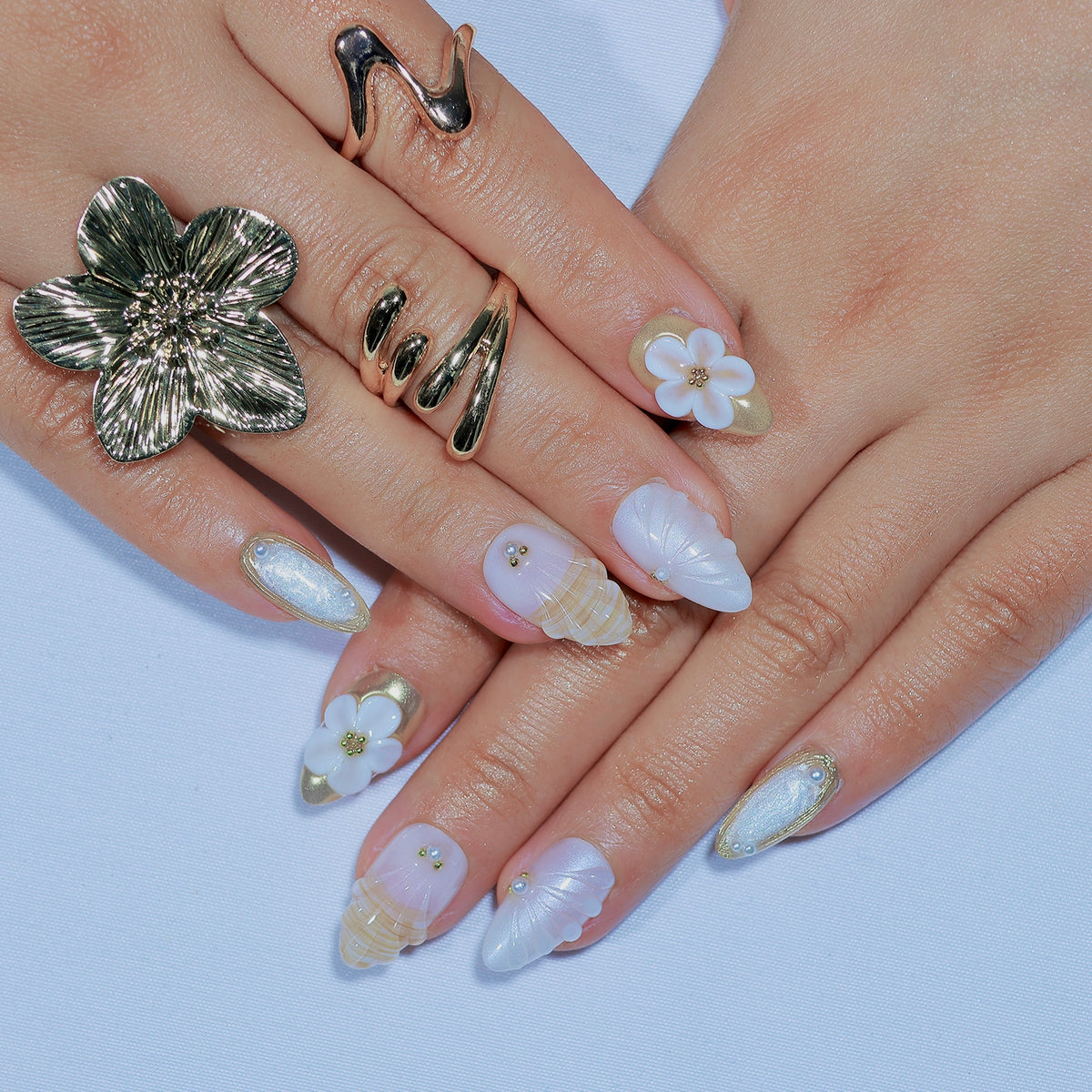 Sea Muse short almond press-on nails, pearl white with shell texture – Briluxe (view 2)