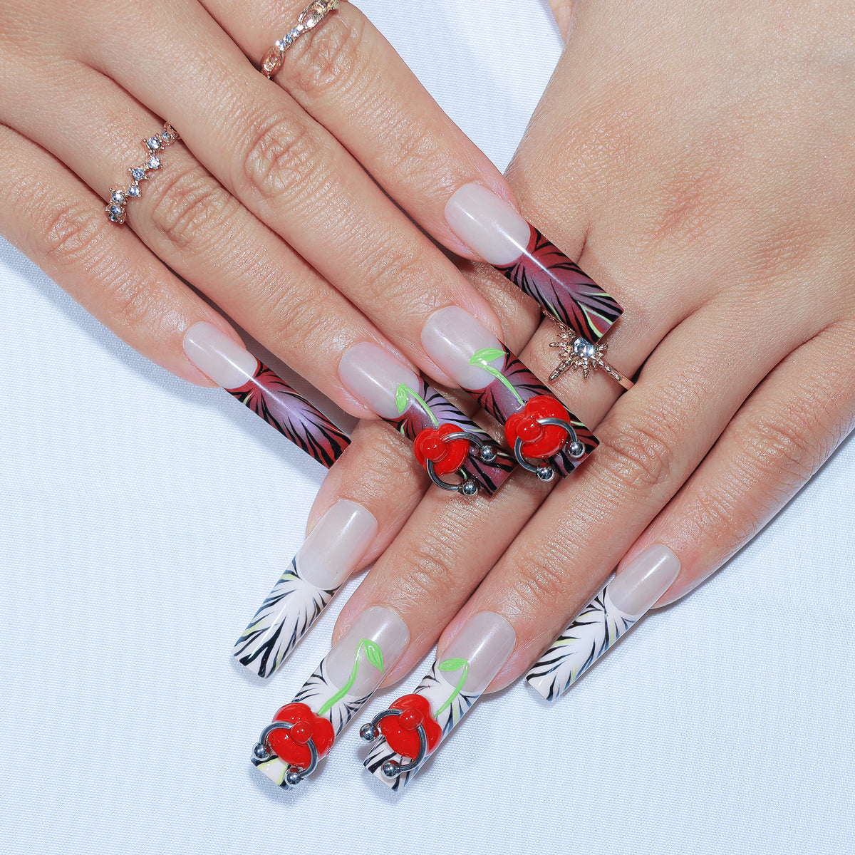 Cherry Rebellion long square press-on nails, 3D cherries and zebra French tips – Briluxe (view 3)