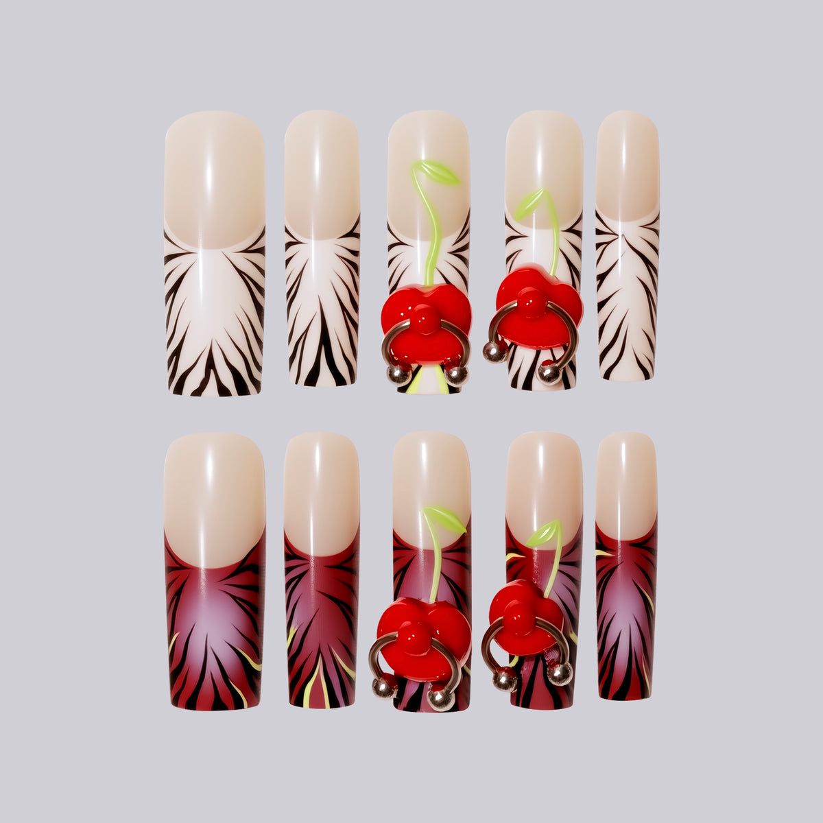 Cherry Rebellion long square press-on nails, 3D cherries and zebra French tips – Briluxe