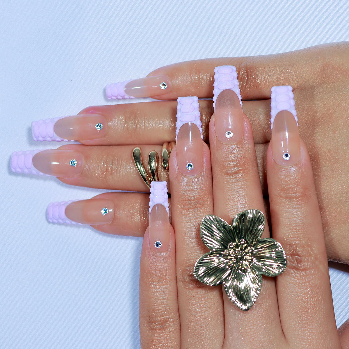 Lilac Edge medium coffin press-on nails, lilac French tips – Briluxe (view 3)