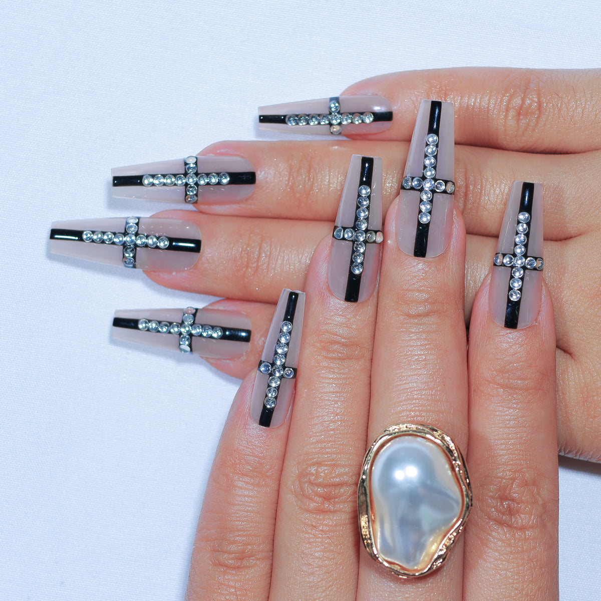 Black Mass medium coffin press-on nails, black linework with crystal crosses – Briluxe (view 2)