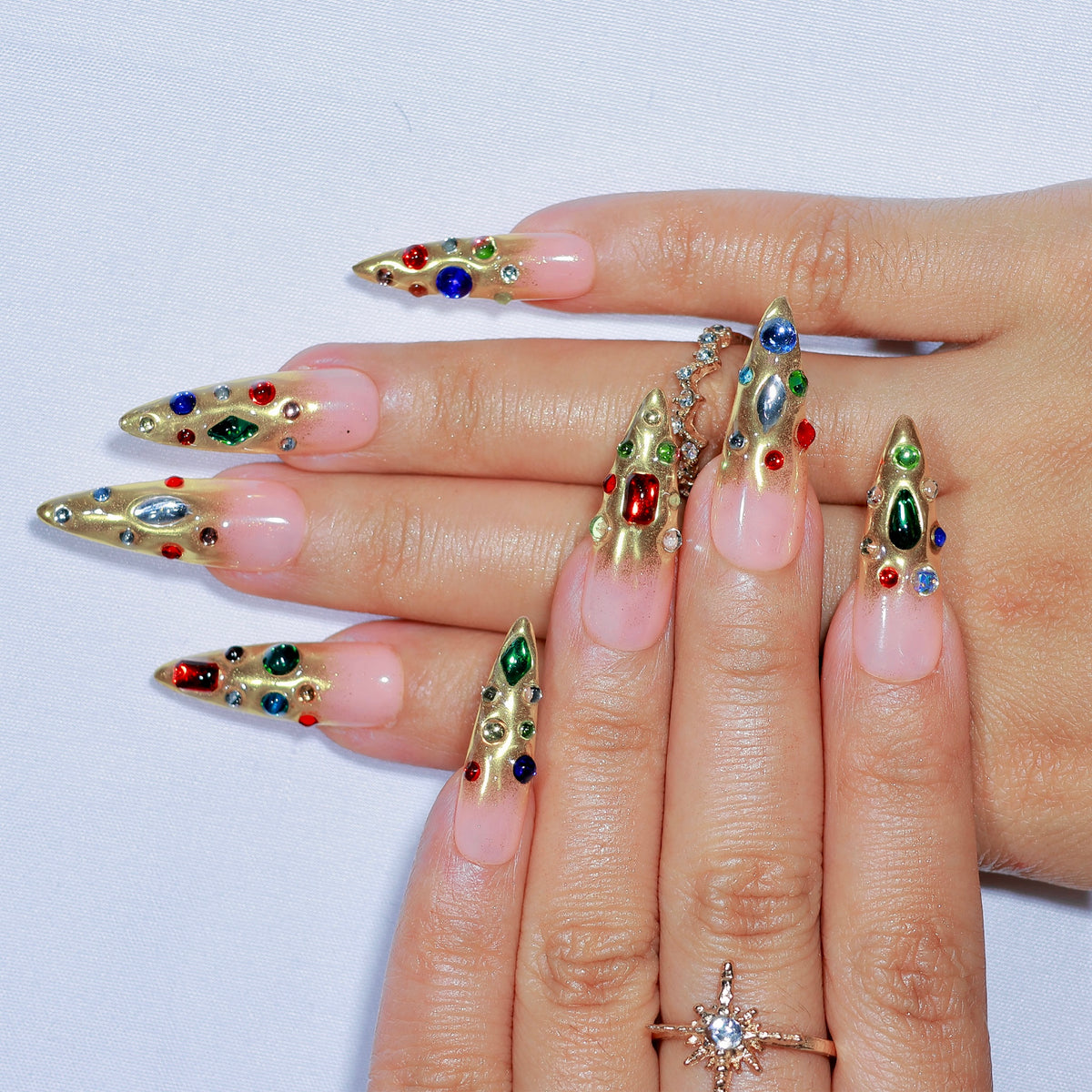 Gilded Chaos long stiletto press-on nails, gold with multicolour gemstones – Briluxe (view 2)