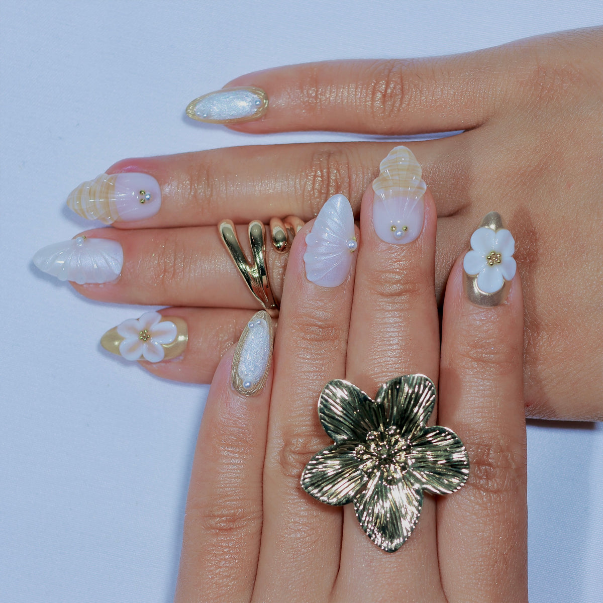 Sea Muse short almond press-on nails, pearl white with shell texture – Briluxe (view 3)