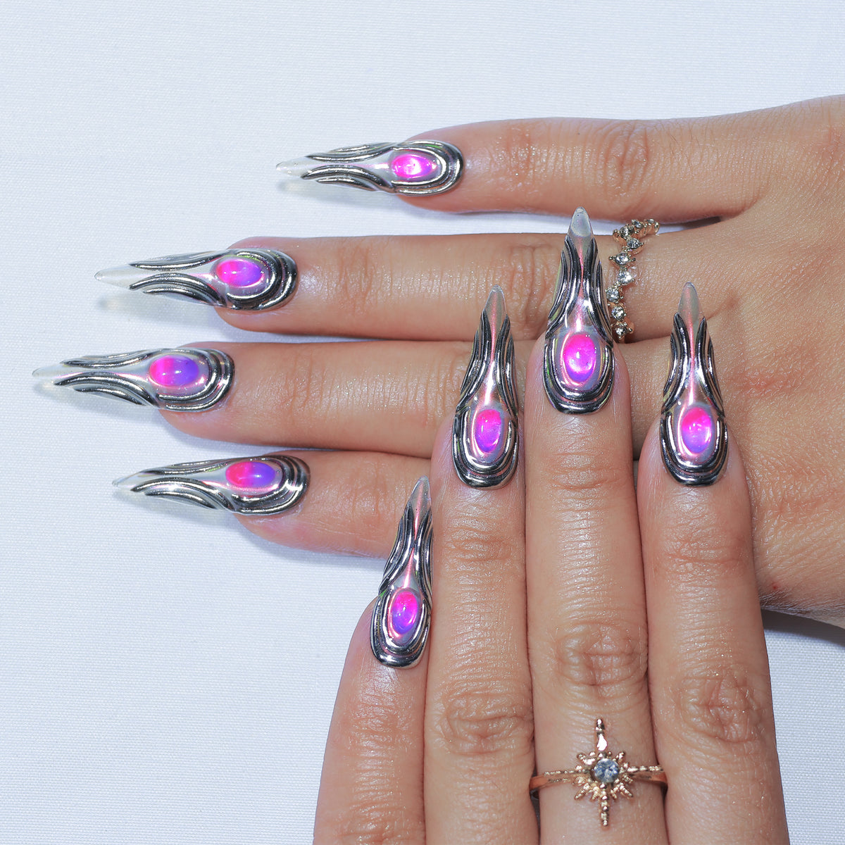 Neon Core Drip long stiletto press-on nails, 3D chrome with neon gem – Briluxe (view 2)