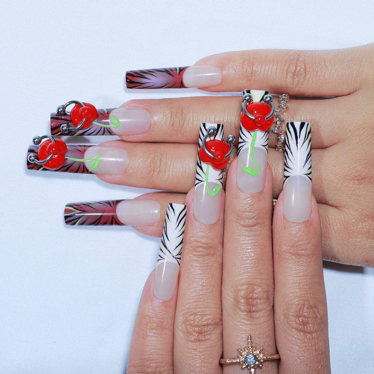 Cherry Rebellion long square press-on nails, 3D cherries and zebra French tips – Briluxe (view 2)