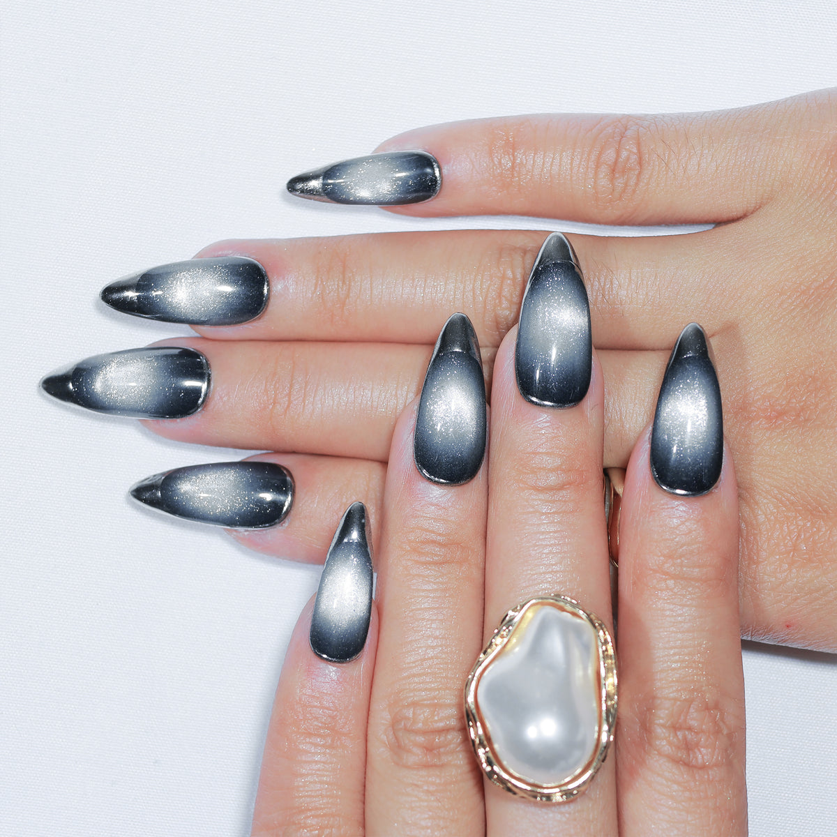Nebula Noir medium stiletto press-on nails, black and silver chrome – Briluxe (view 2)