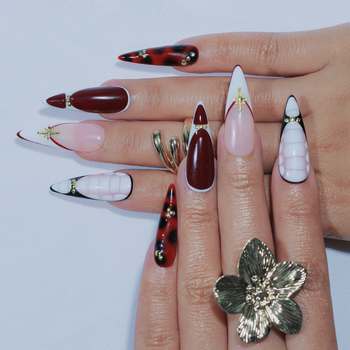 Soho Afterparty long stiletto press-on nails, mixed red, croc and tortoiseshell – Briluxe (view 2)