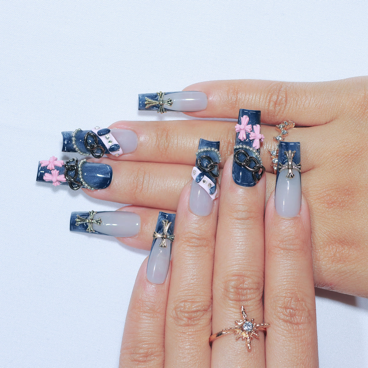 Denim Cross Club long square press-on nails, denim blue with 3D crosses and chains – Briluxe (view 3)
