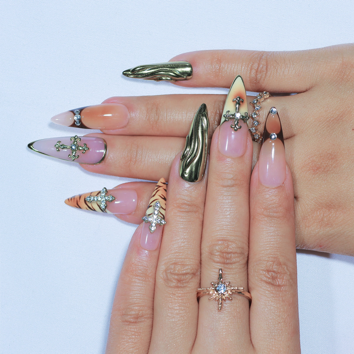 Royal Anarchy long stiletto press-on nails, gold chrome with jeweled crosses – Briluxe (view 2)