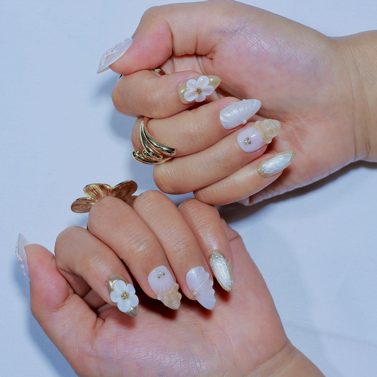 Sea Muse short almond press-on nails, pearl white with shell texture – Briluxe (view 4)