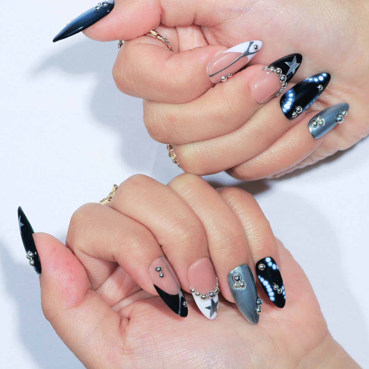 Star Driver medium almond press-on nails, nude and chrome with star details – Briluxe (view 4)