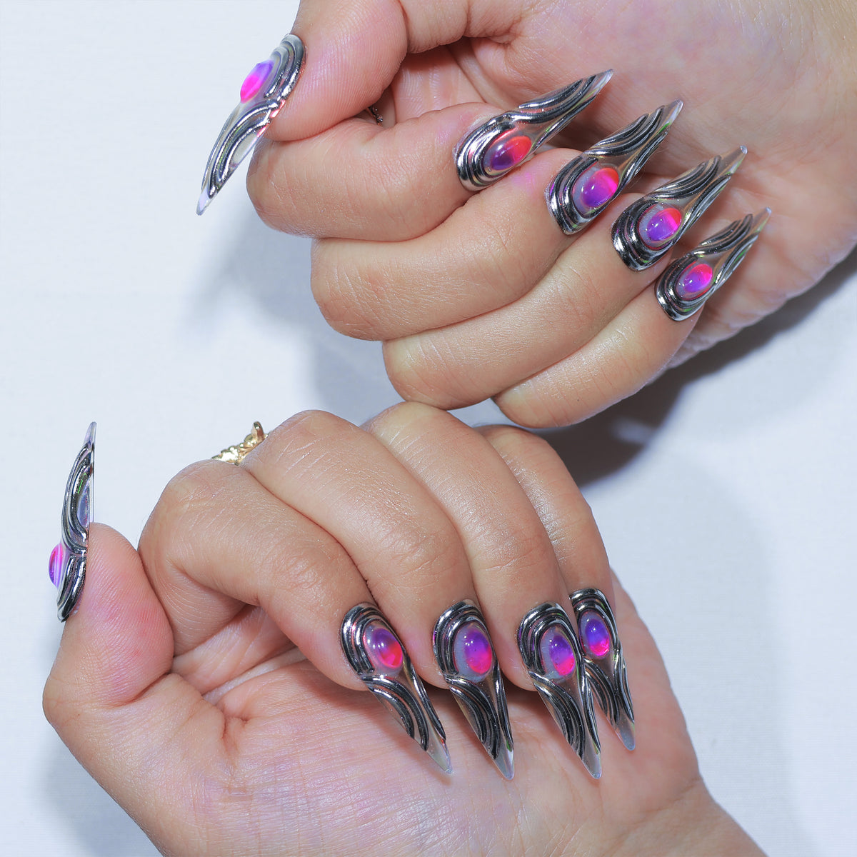 Neon Core Drip long stiletto press-on nails, 3D chrome with neon gem – Briluxe (view 4)