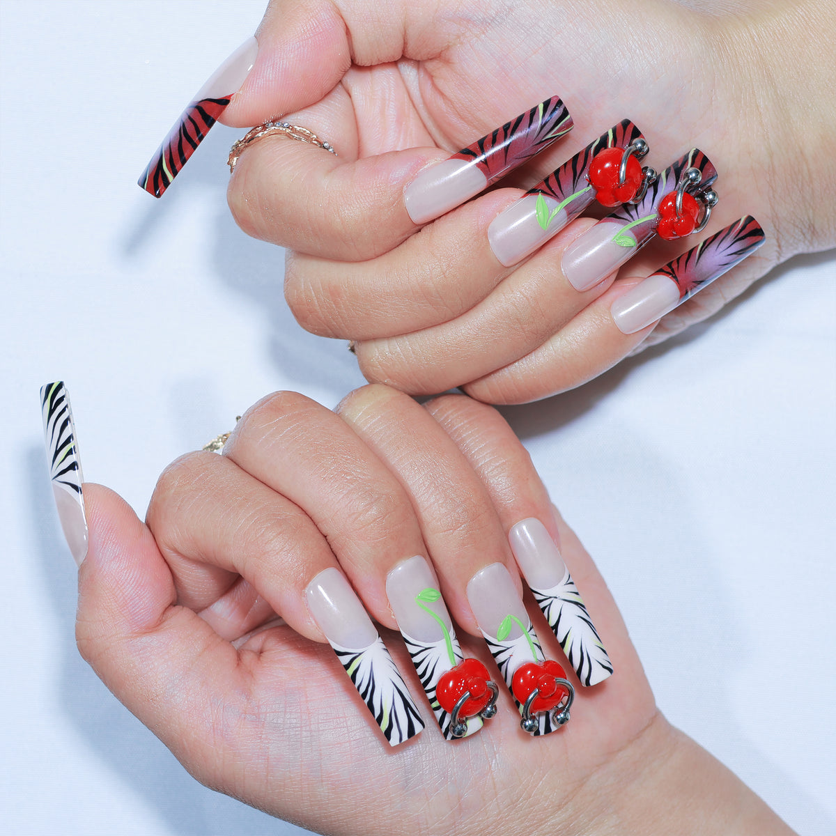 Cherry Rebellion long square press-on nails, 3D cherries and zebra French tips – Briluxe (view 4)