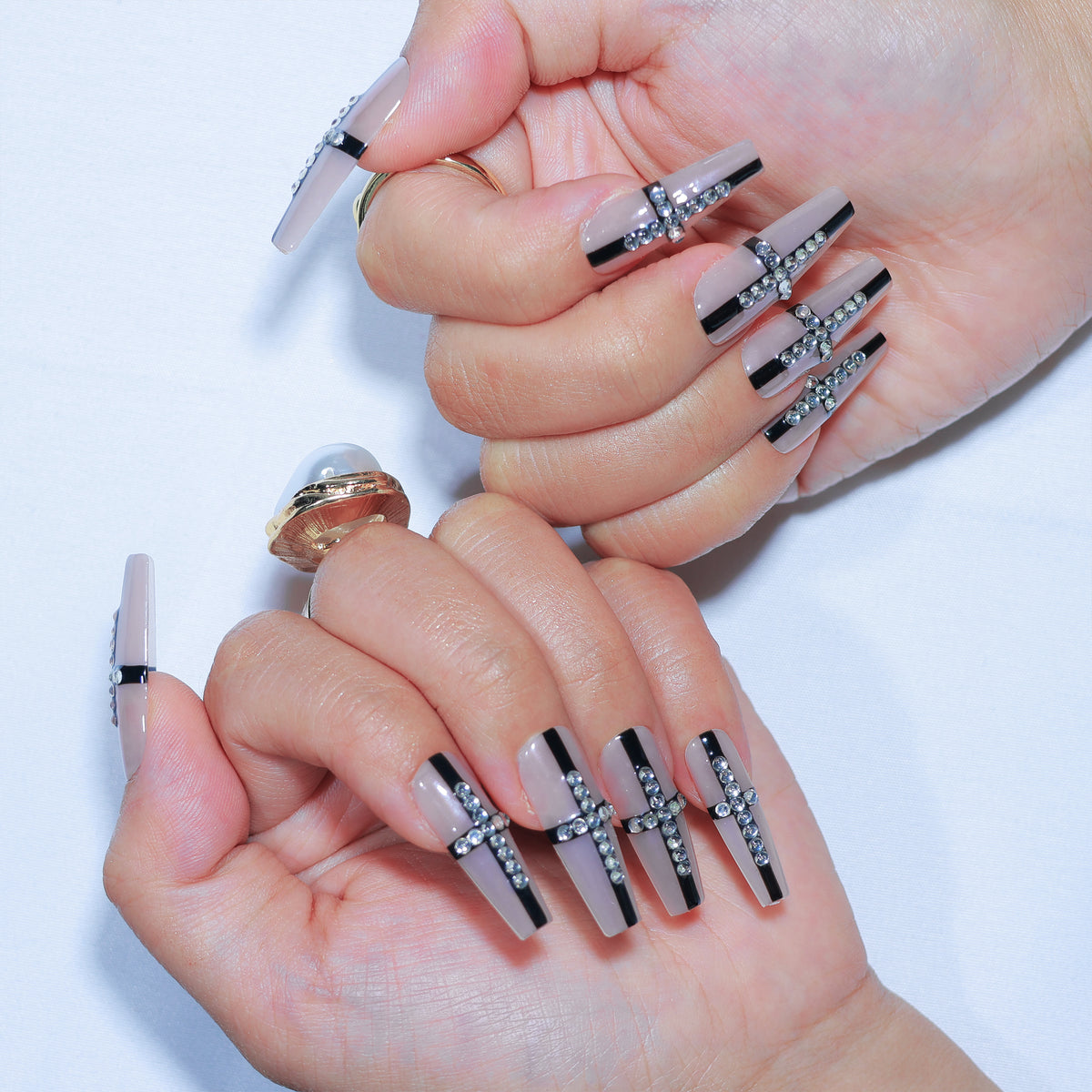 Black Mass medium coffin press-on nails, black linework with crystal crosses – Briluxe (view 4)