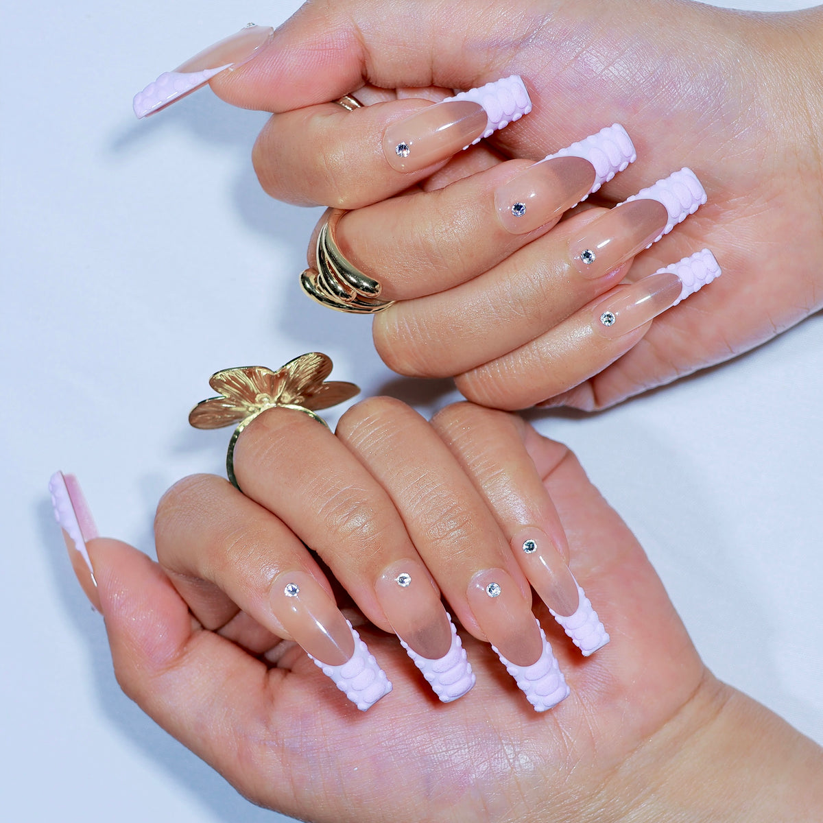 Lilac Edge medium coffin press-on nails, lilac French tips – Briluxe (view 4)
