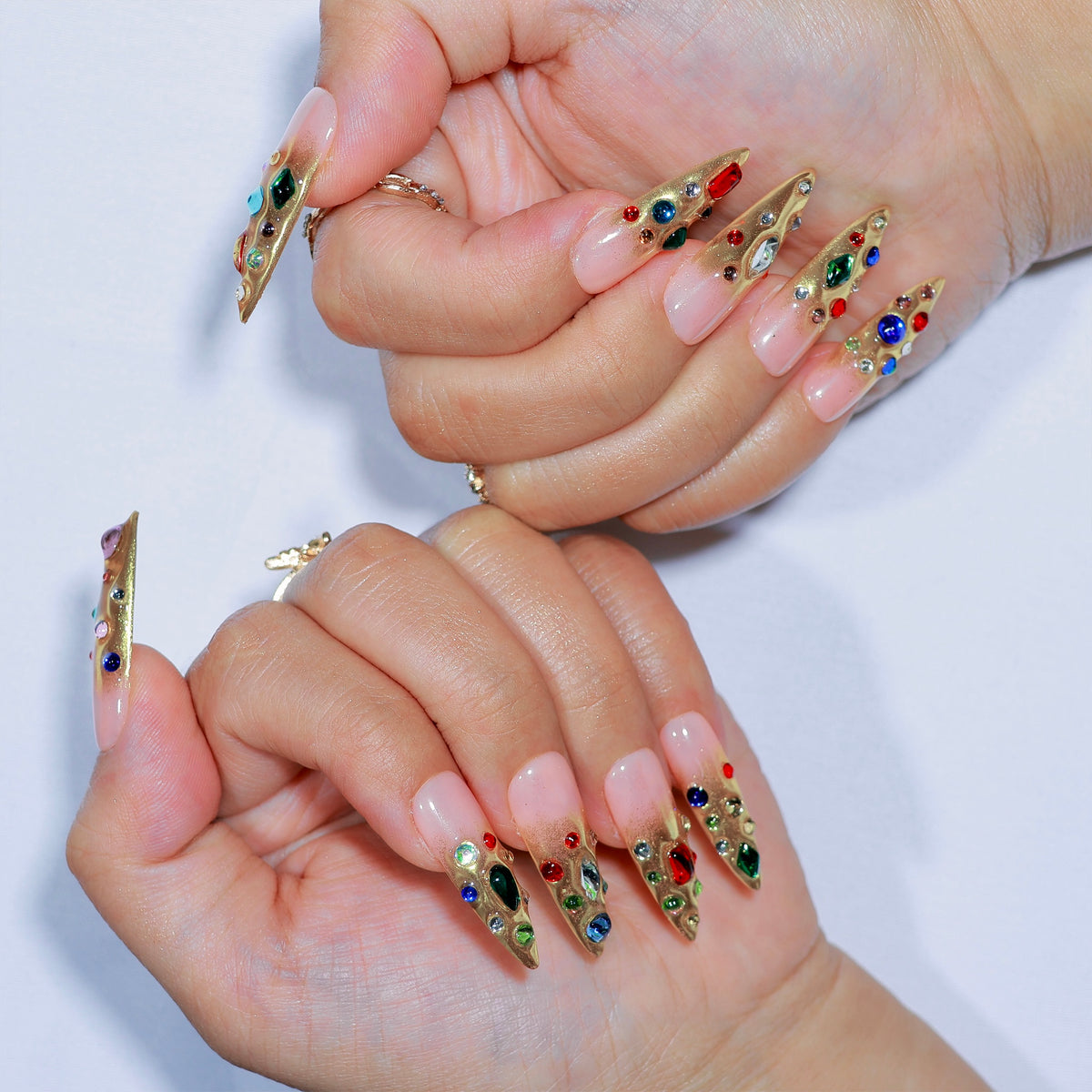 Gilded Chaos long stiletto press-on nails, gold with multicolour gemstones – Briluxe (view 4)