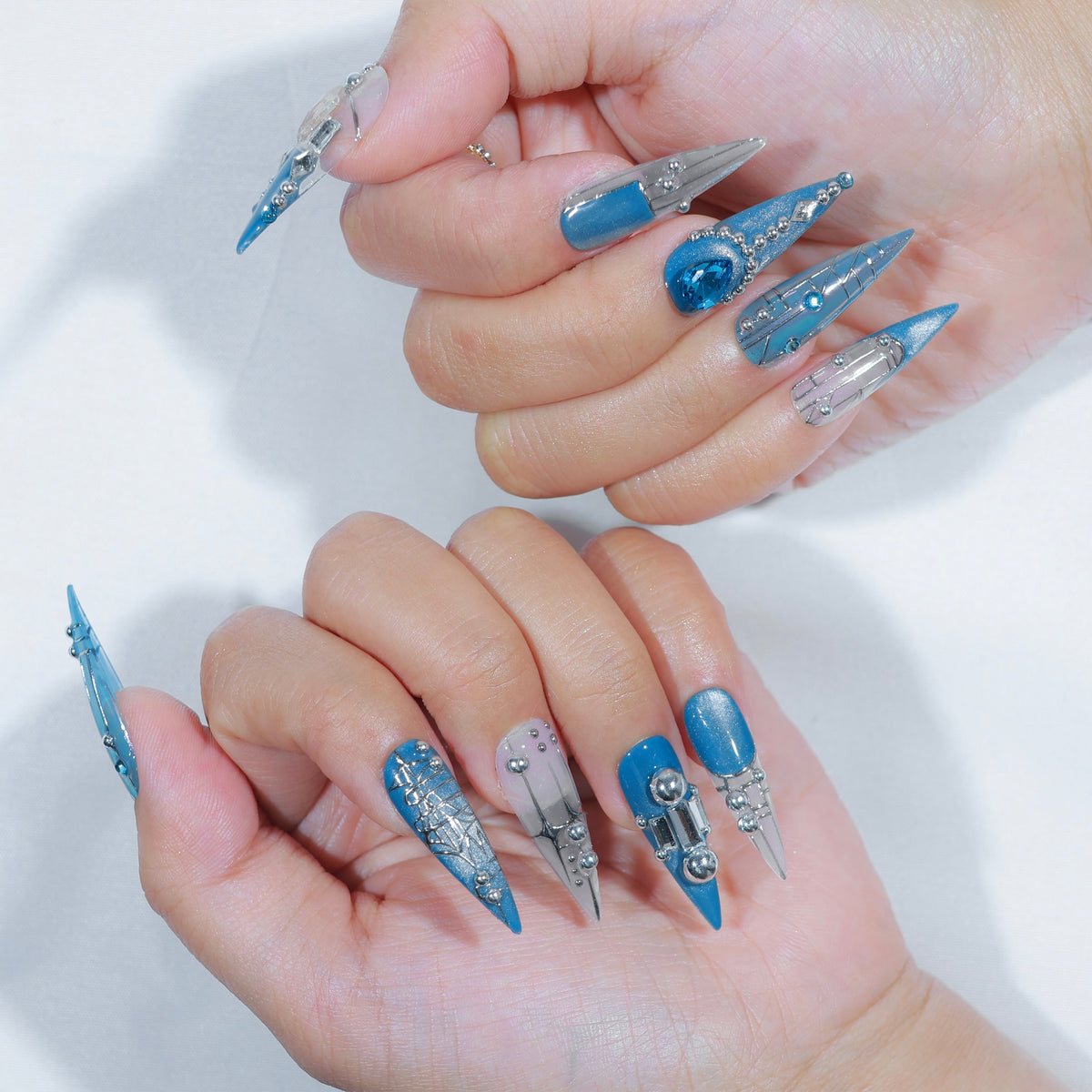 Cyber Siren long stiletto press-on nails, blue-silver chrome with 3D gem – Briluxe (view 4)
