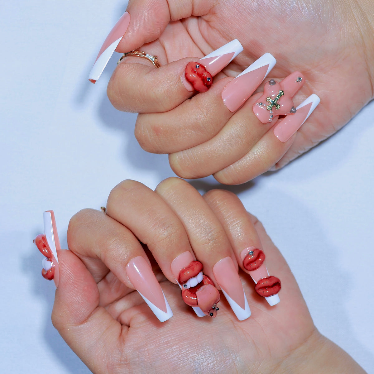 Kiss Me Harder long coffin press-on nails, 3D lips – Briluxe (view 4)