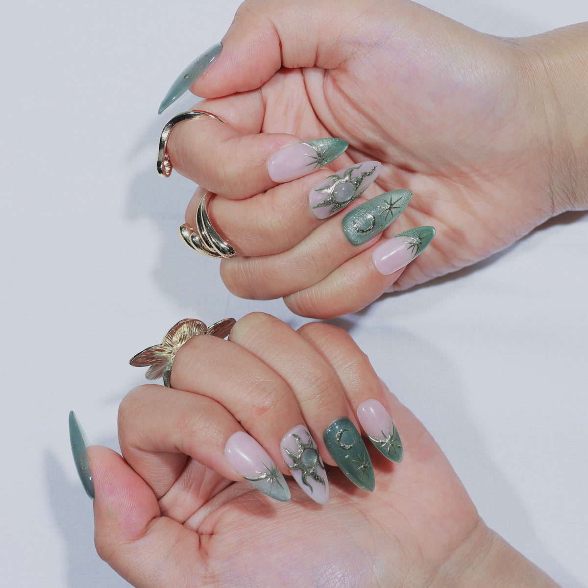 Lunar Sage medium almond press-on nails, sage green with moon and star details – Briluxe (view 4)
