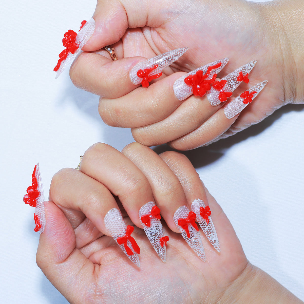 Ribbon Trouble long stiletto press-on nails, lace with red 3D bows – Briluxe (view 4)