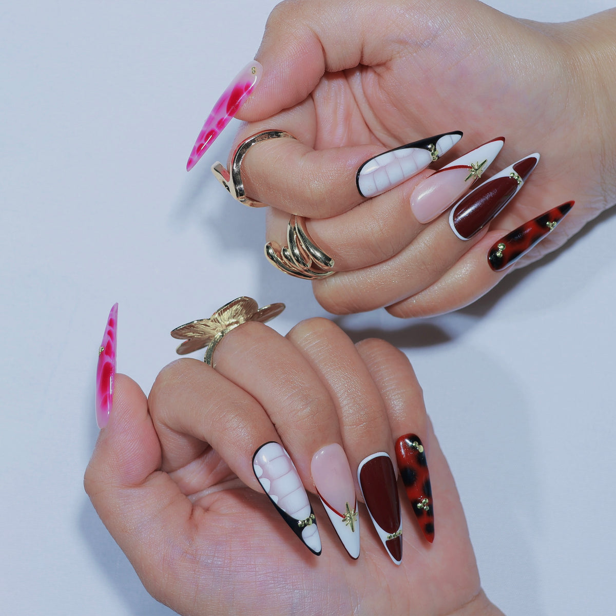 Soho Afterparty long stiletto press-on nails, mixed red, croc and tortoiseshell – Briluxe (view 4)
