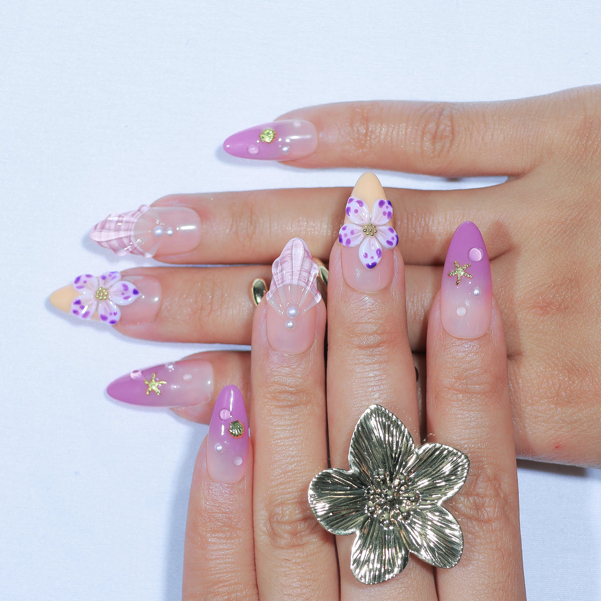 Malibu Seashell medium almond press-on nails, pink shell texture with pearls – Briluxe (view 3)