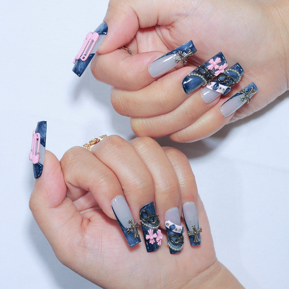 Denim Cross Club long square press-on nails, denim blue with 3D crosses and chains – Briluxe (view 4)