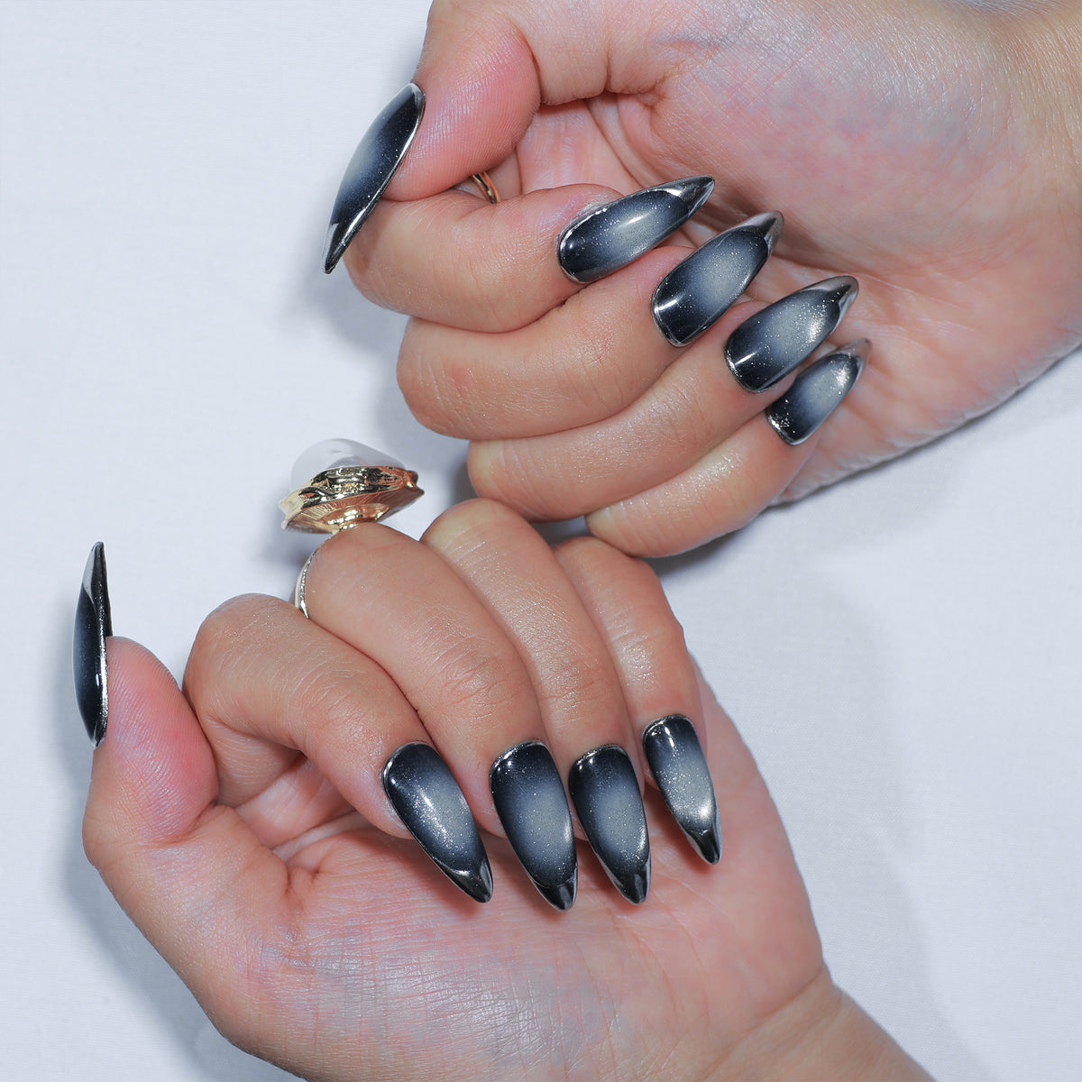 Nebula Noir medium stiletto press-on nails, black and silver chrome – Briluxe (view 4)