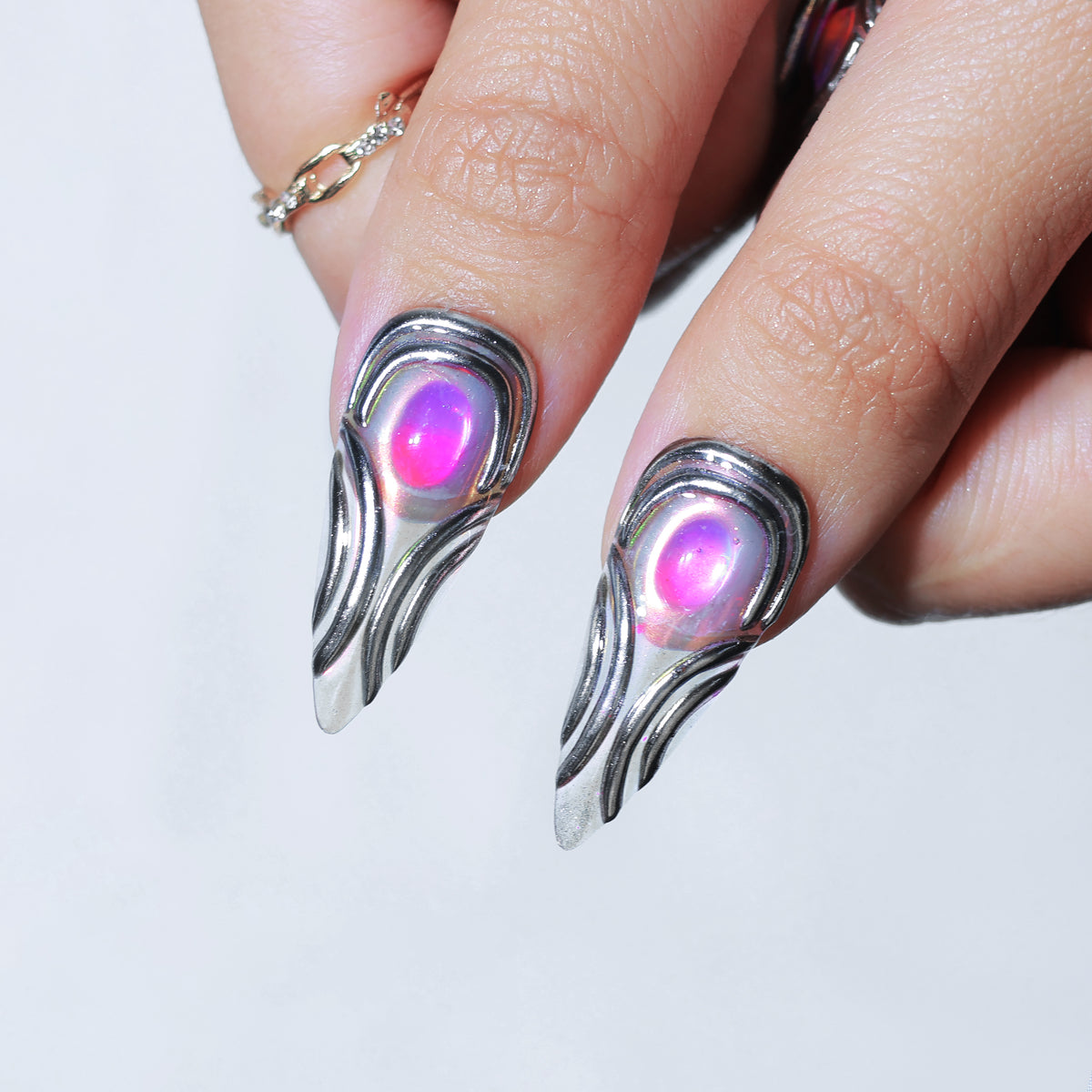 Neon Core Drip long stiletto press-on nails, 3D chrome with neon gem – Briluxe (view 5)