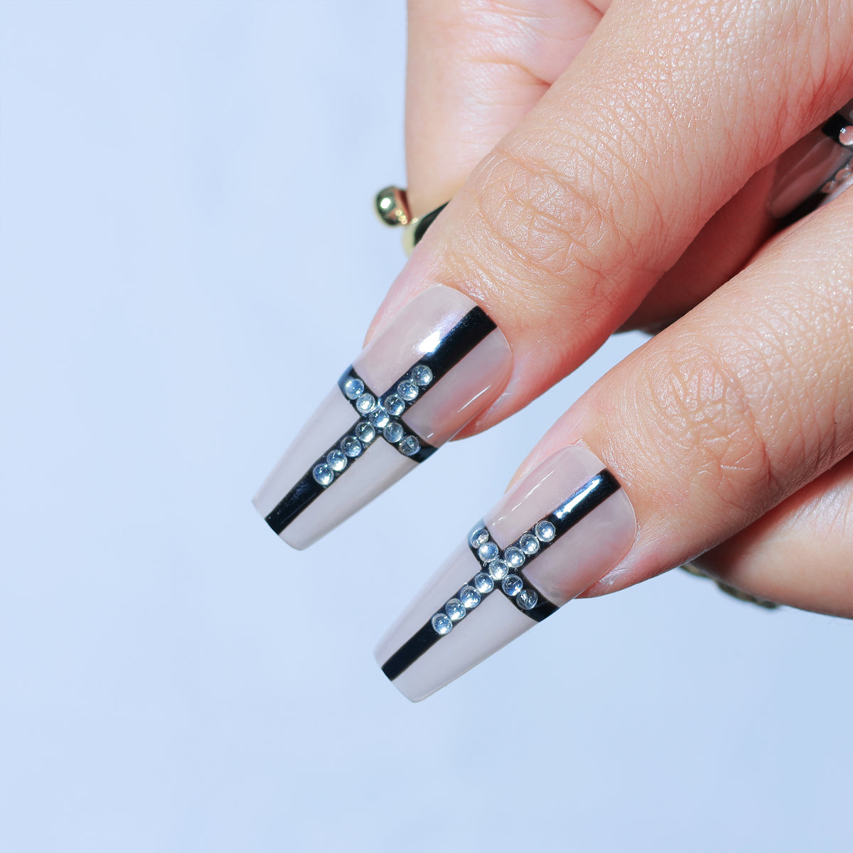 Black Mass medium coffin press-on nails, black linework with crystal crosses – Briluxe (view 5)