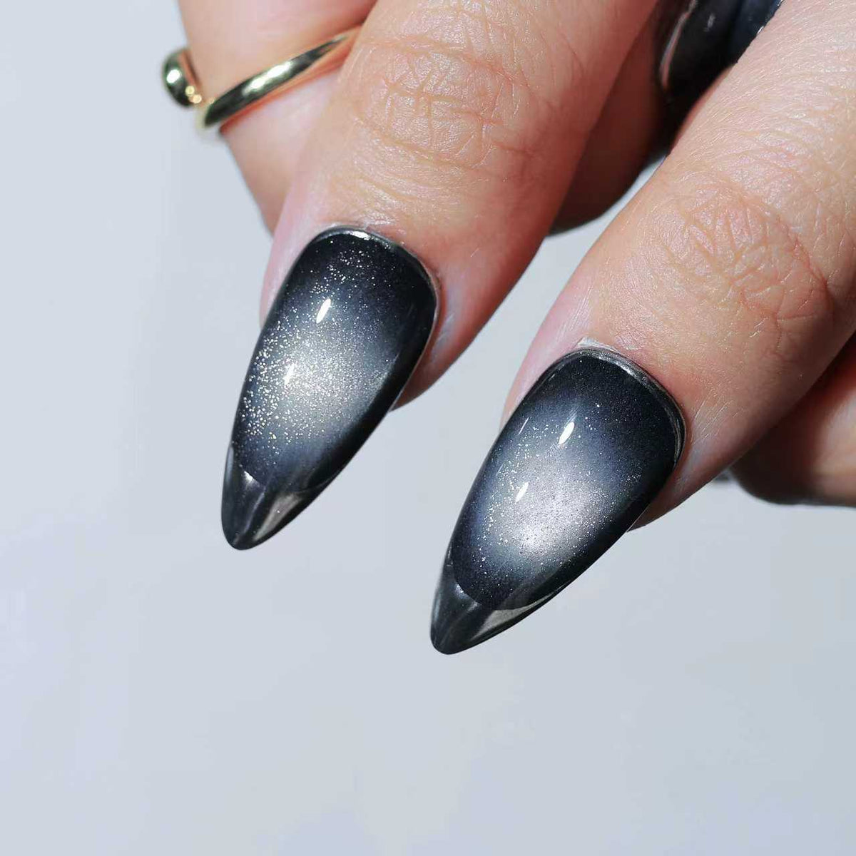 Nebula Noir medium stiletto press-on nails, black and silver chrome – Briluxe (view 5)