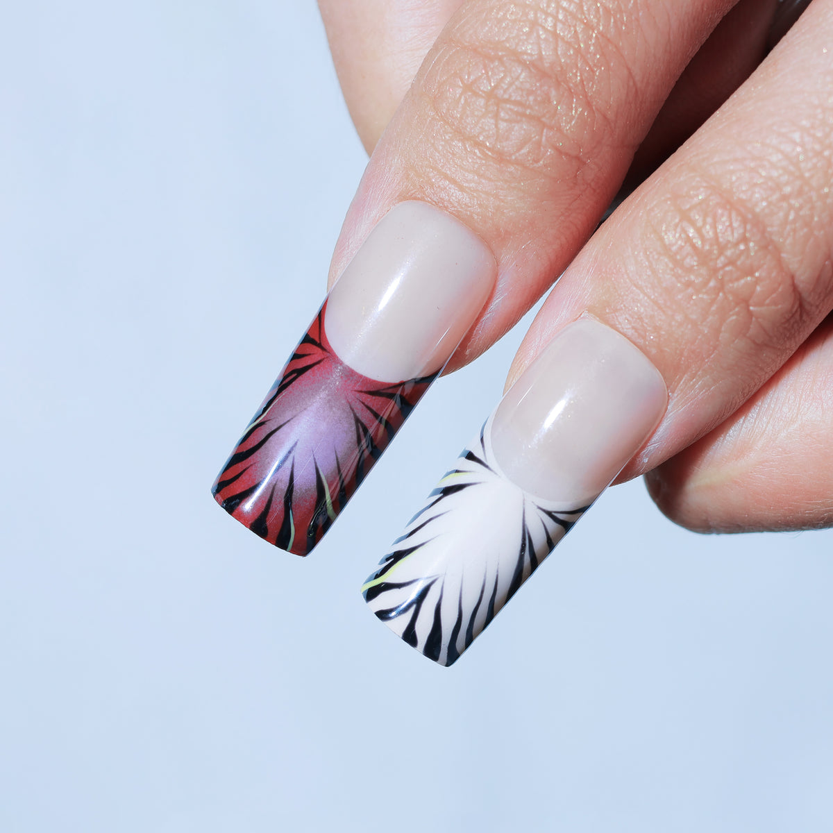 Cherry Rebellion long square press-on nails, 3D cherries and zebra French tips – Briluxe (view 5)