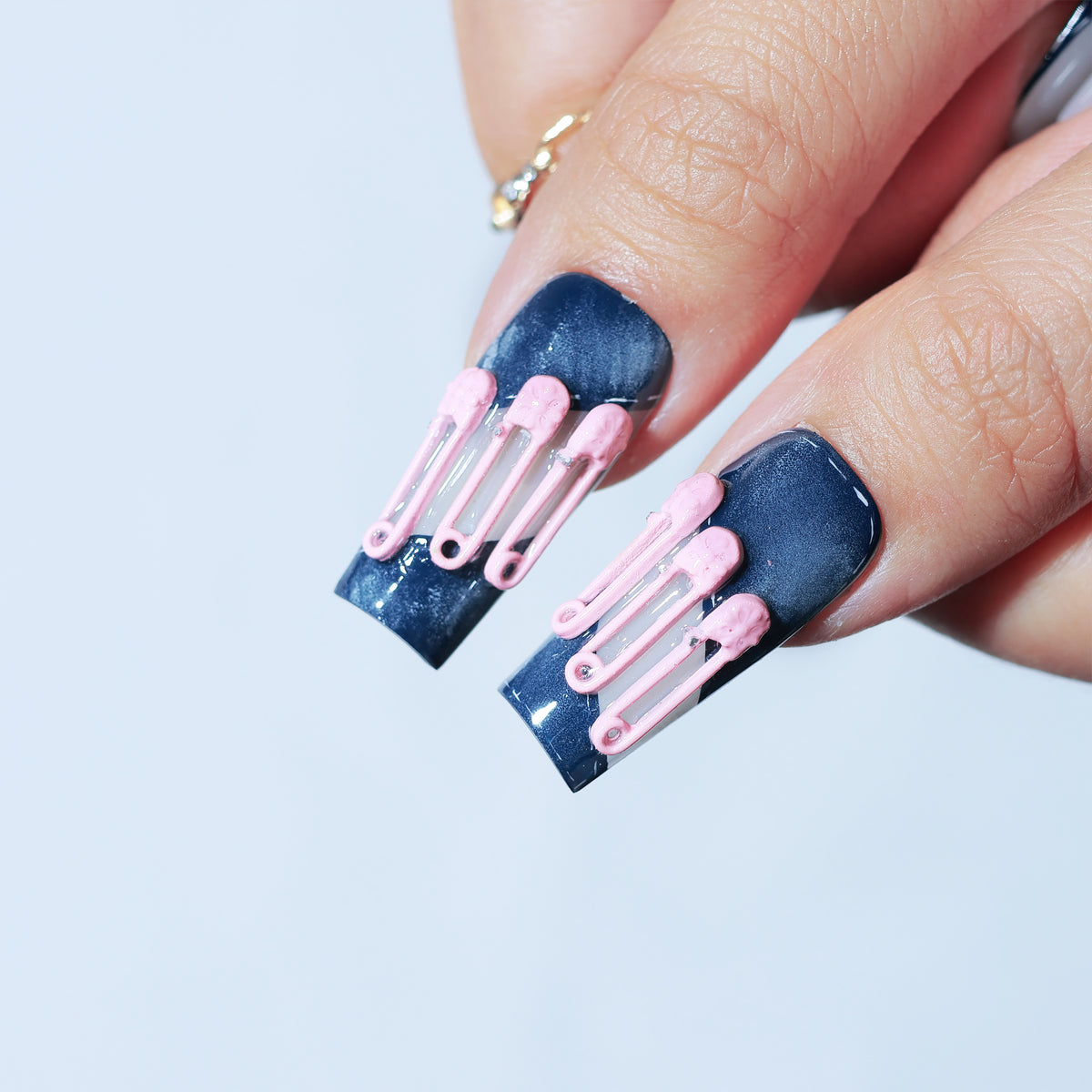 Denim Cross Club long square press-on nails, denim blue with 3D crosses and chains – Briluxe (view 5)