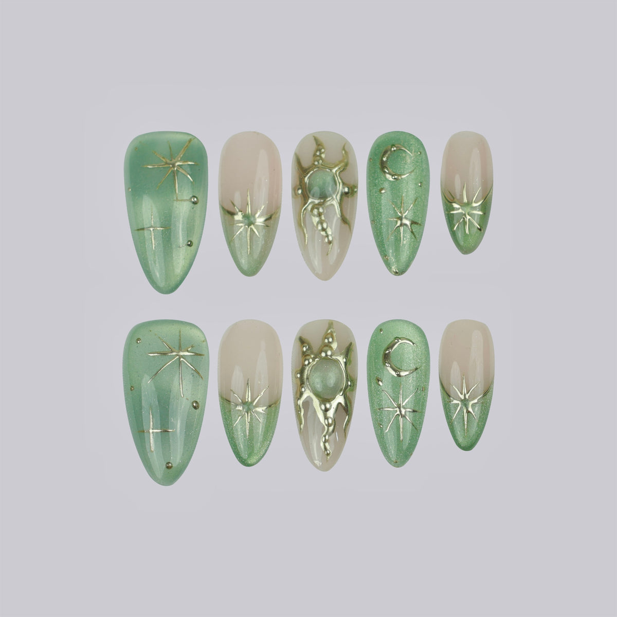 Lunar Sage medium almond press-on nails, sage green with moon and star details – Briluxe