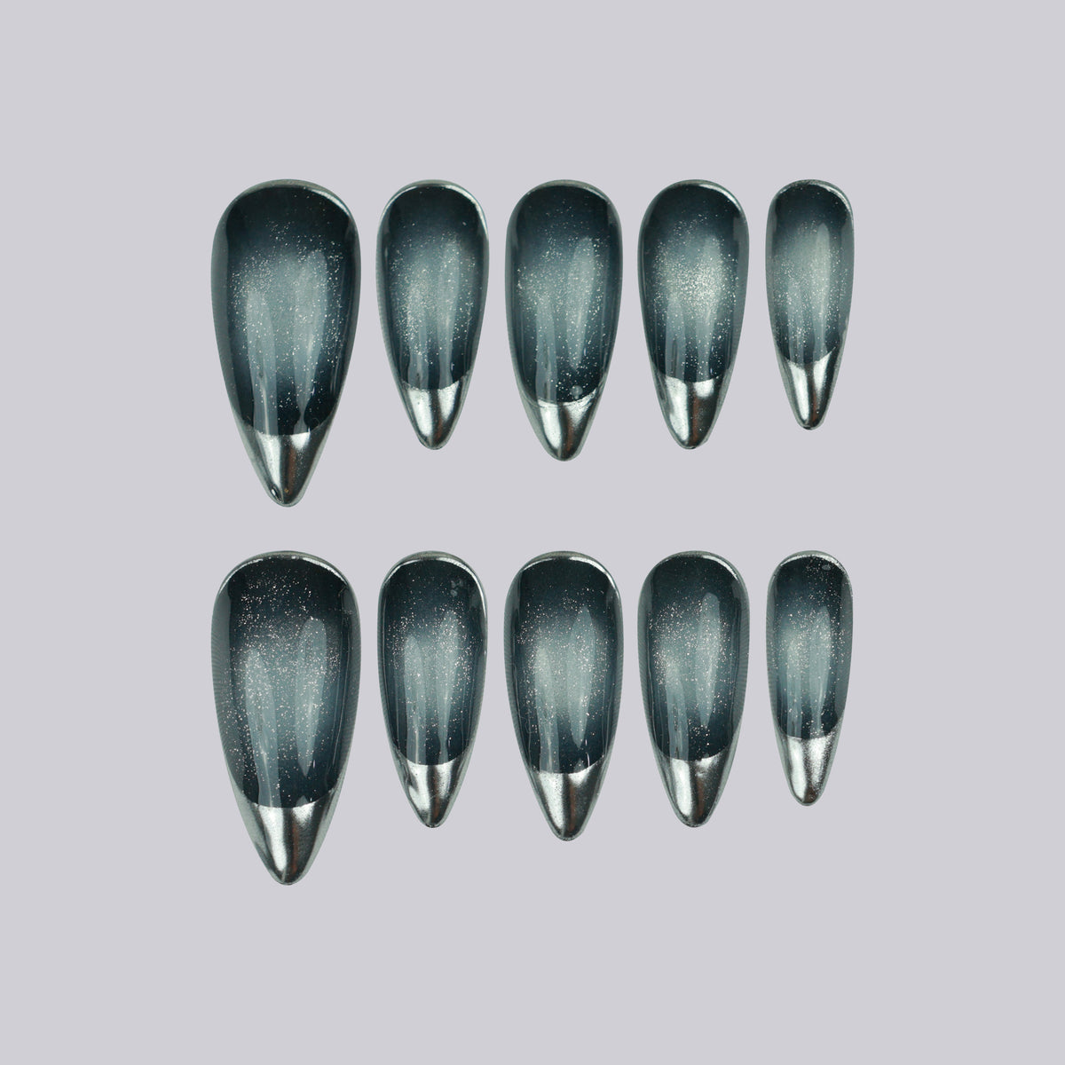 Nebula Noir medium stiletto press-on nails, black and silver chrome – Briluxe