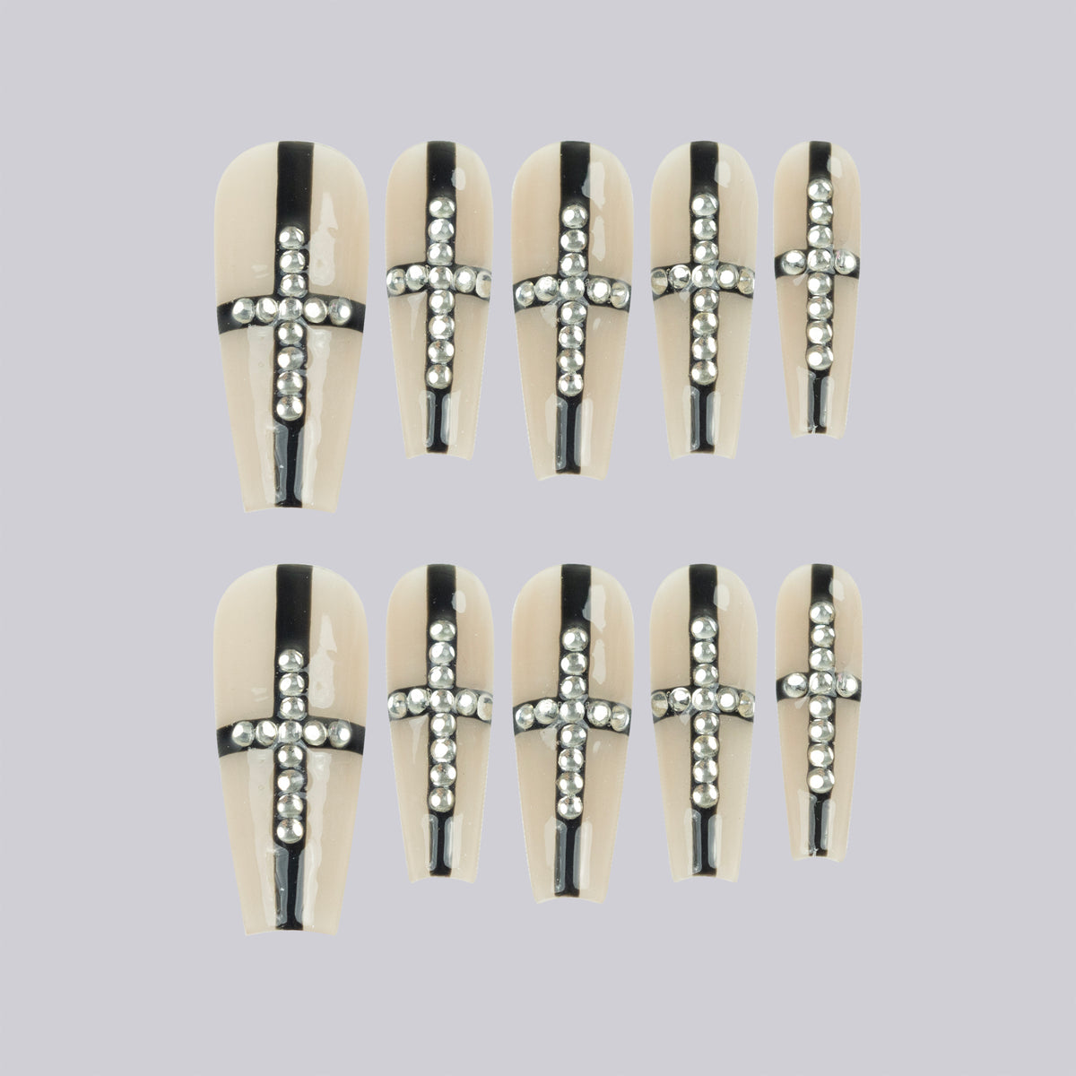 Black Mass medium coffin press-on nails, black linework with crystal crosses – Briluxe