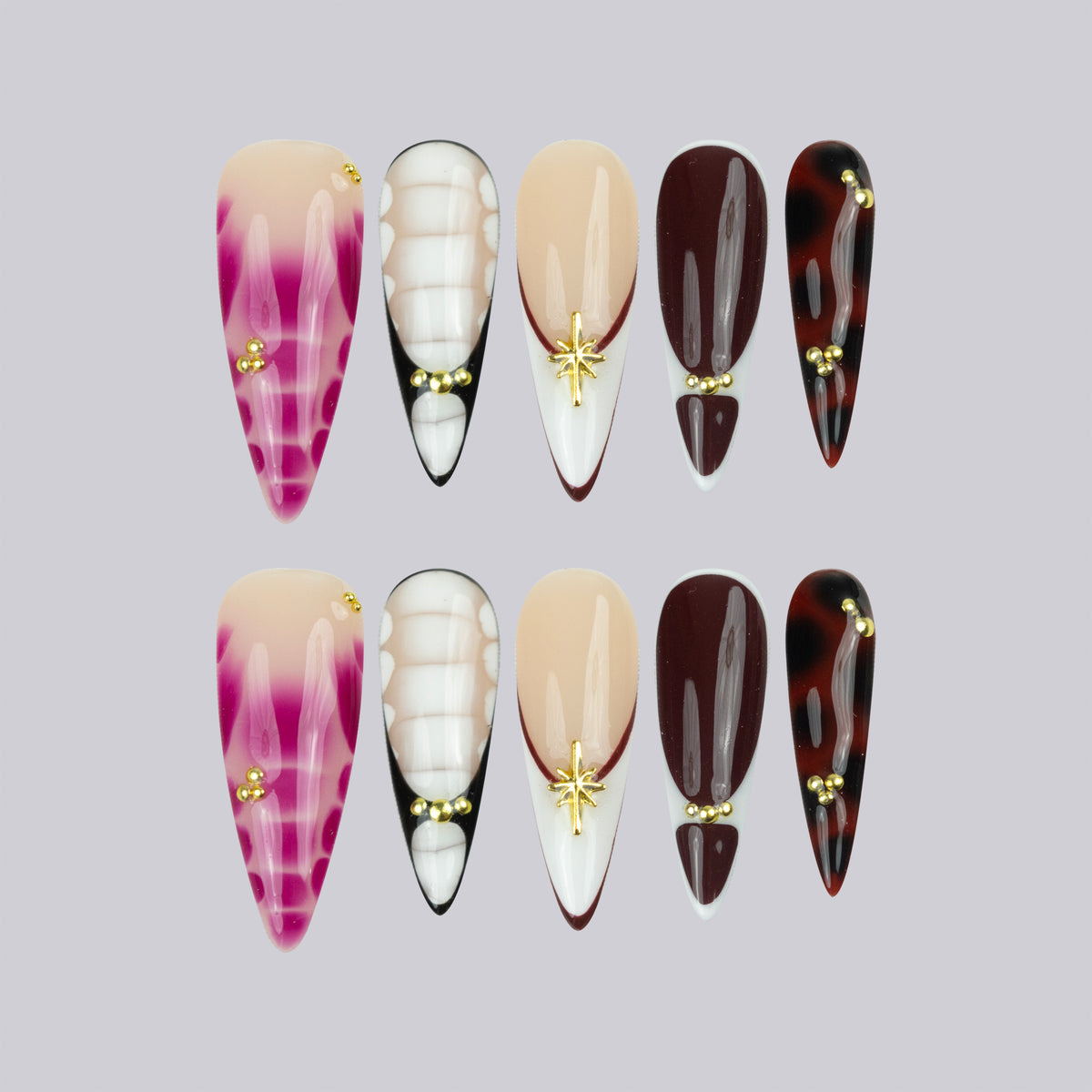 Soho Afterparty long stiletto press-on nails, mixed red, croc and tortoiseshell – Briluxe
