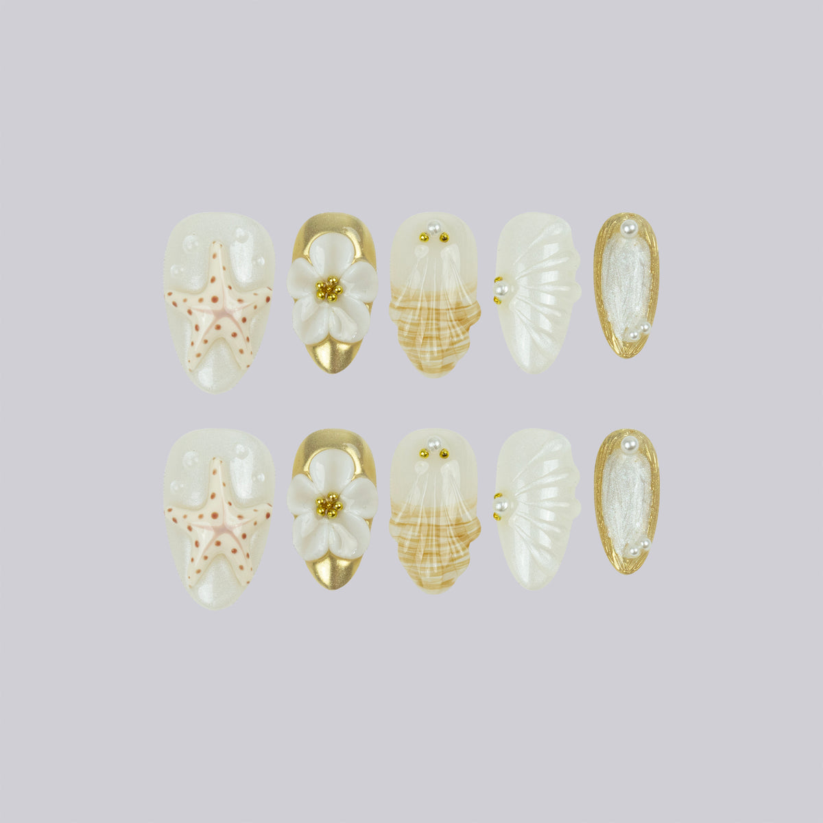 Sea Muse short almond press-on nails, pearl white with shell texture – Briluxe