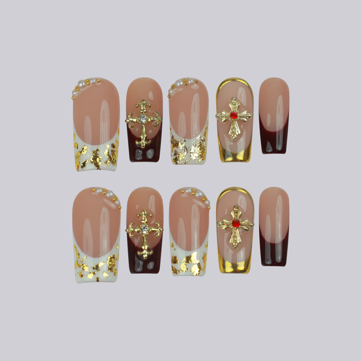 Saint Rouge medium square press-on nails, burgundy French tips with gold crosses – Briluxe