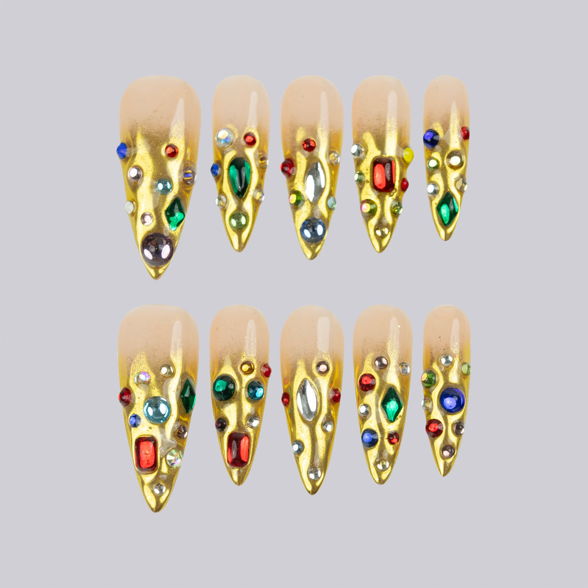 Gilded Chaos long stiletto press-on nails, gold with multicolour gemstones – Briluxe